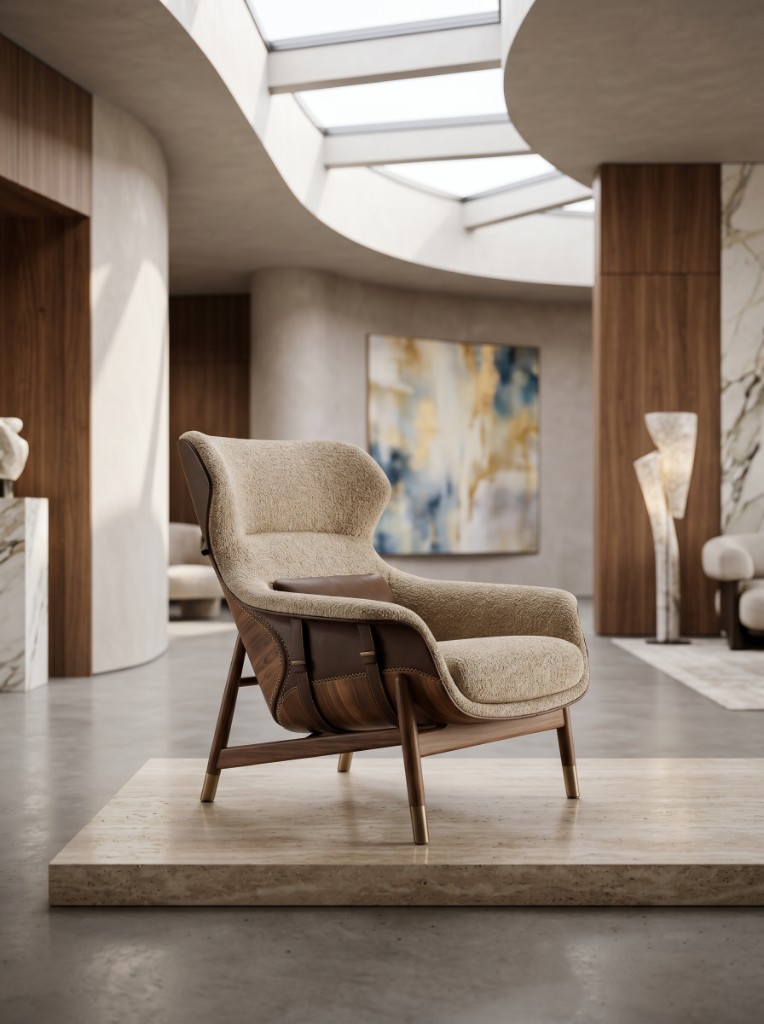 The Architect Wing — bouclé and walnut designer chair